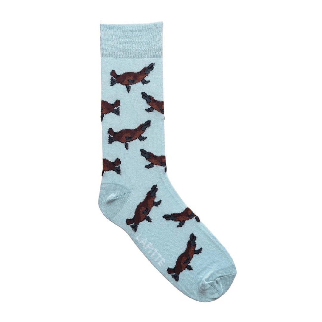 Stewarts Menswear Lafitte Australian made socks. Colour is sky blue with platypus all over.
