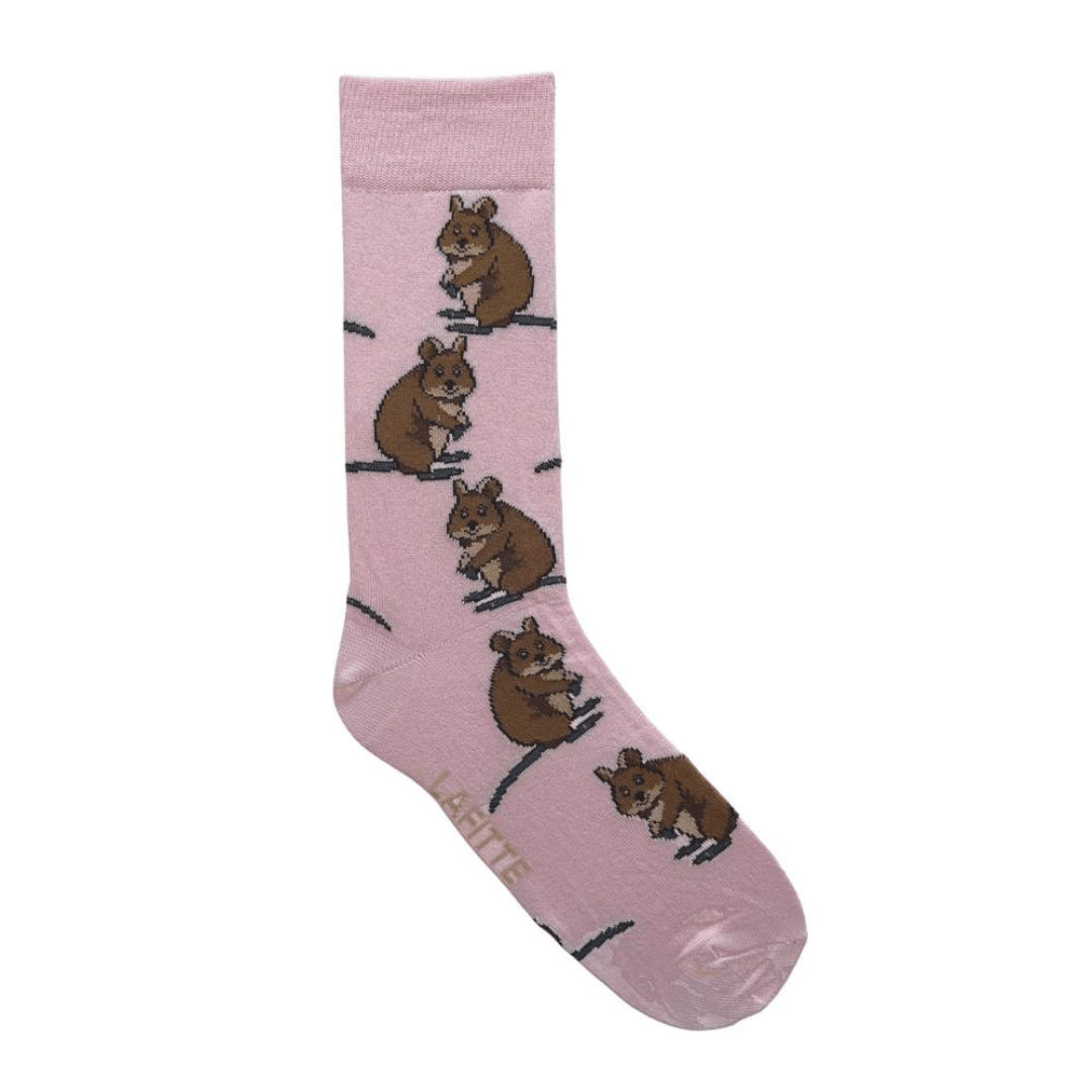 Stewarts Menswear Lafitte Australian made socks. Colour is pink with Quokka all over.