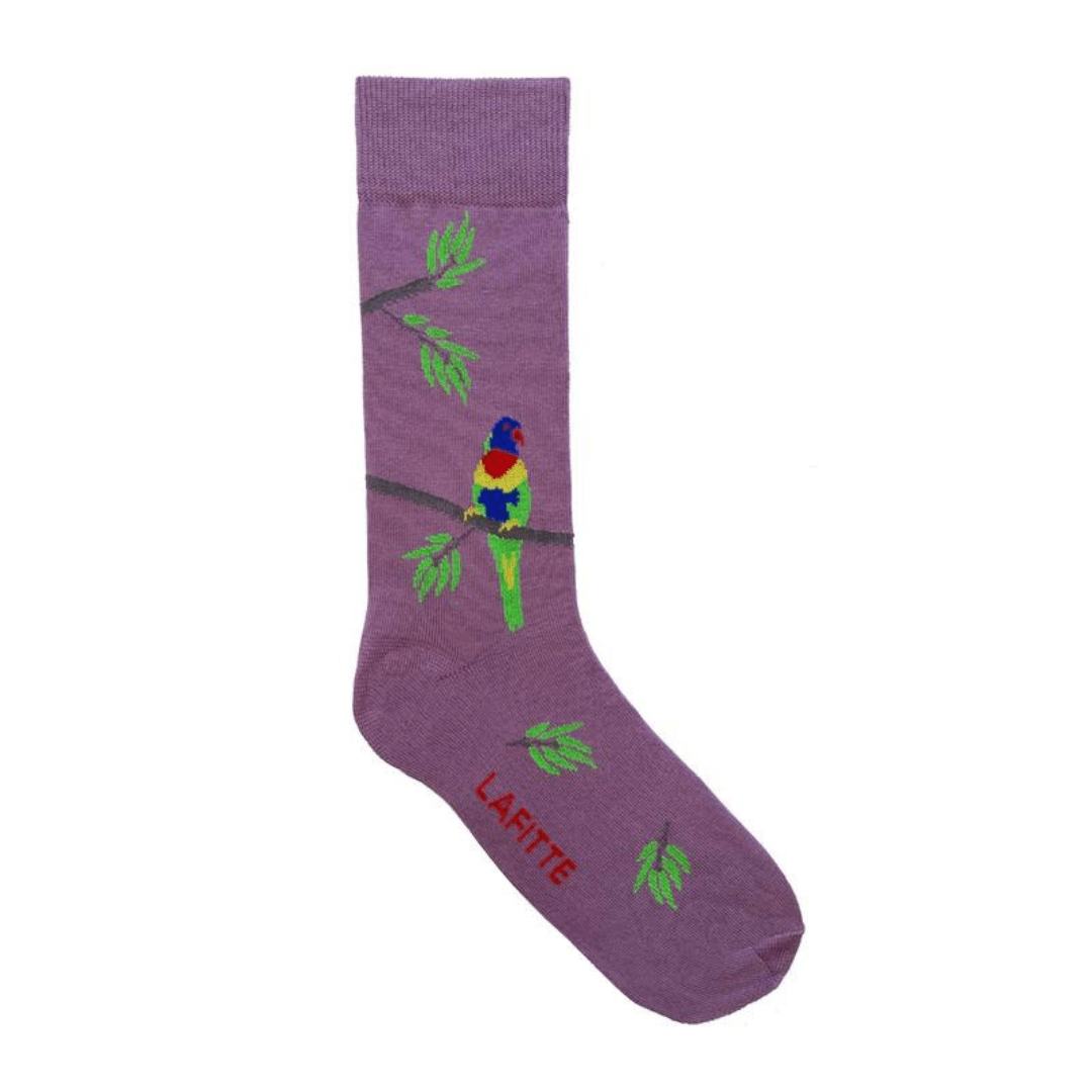 Stewarts Menswear Lafitte Australian made novelty socks. Colour is Orchid, which is a light purple colour. Has a Rainbow lorikeet sitting on a tree branch.