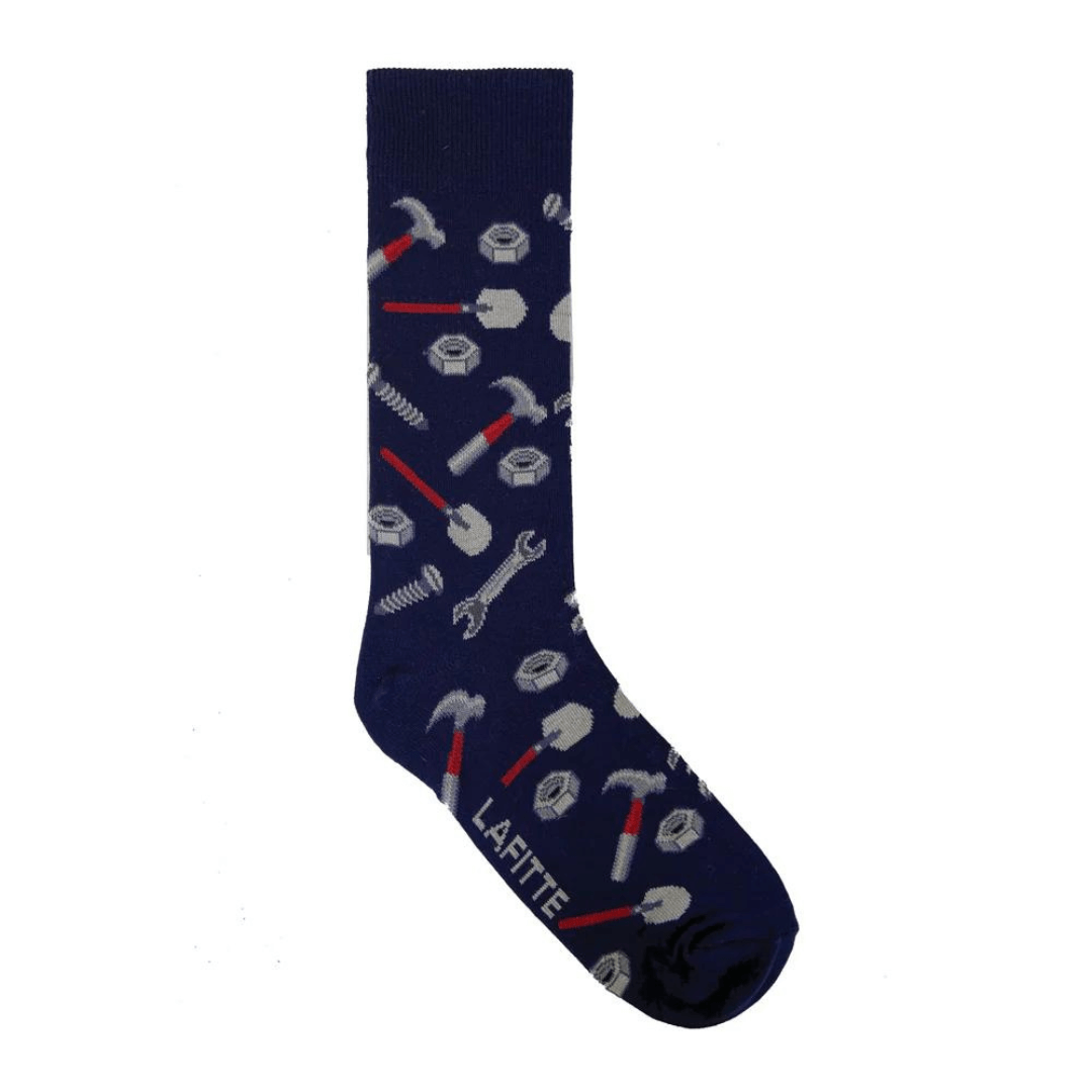 Stewarts Menswear Australian made socks. Colour is navy with tools printed all over (hammers, spanners, nuts, and spades). A portion of sale goes to The Men's Shed.