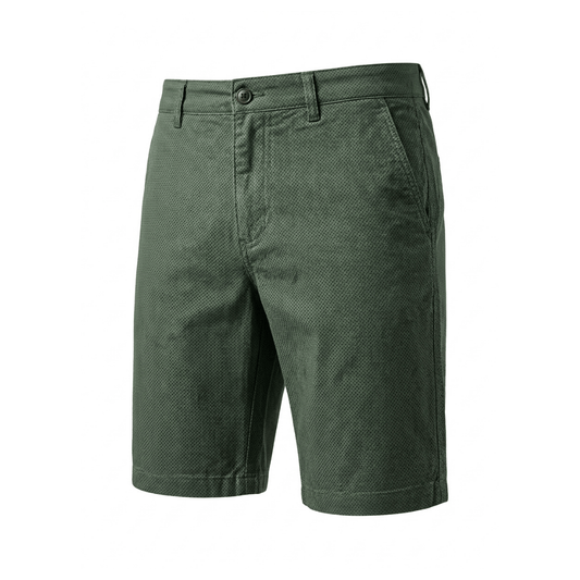 Le Short Printed Cotton Stretch Short in moss green with fine dot print, available at Stewart's Menswear Mullumbimby.