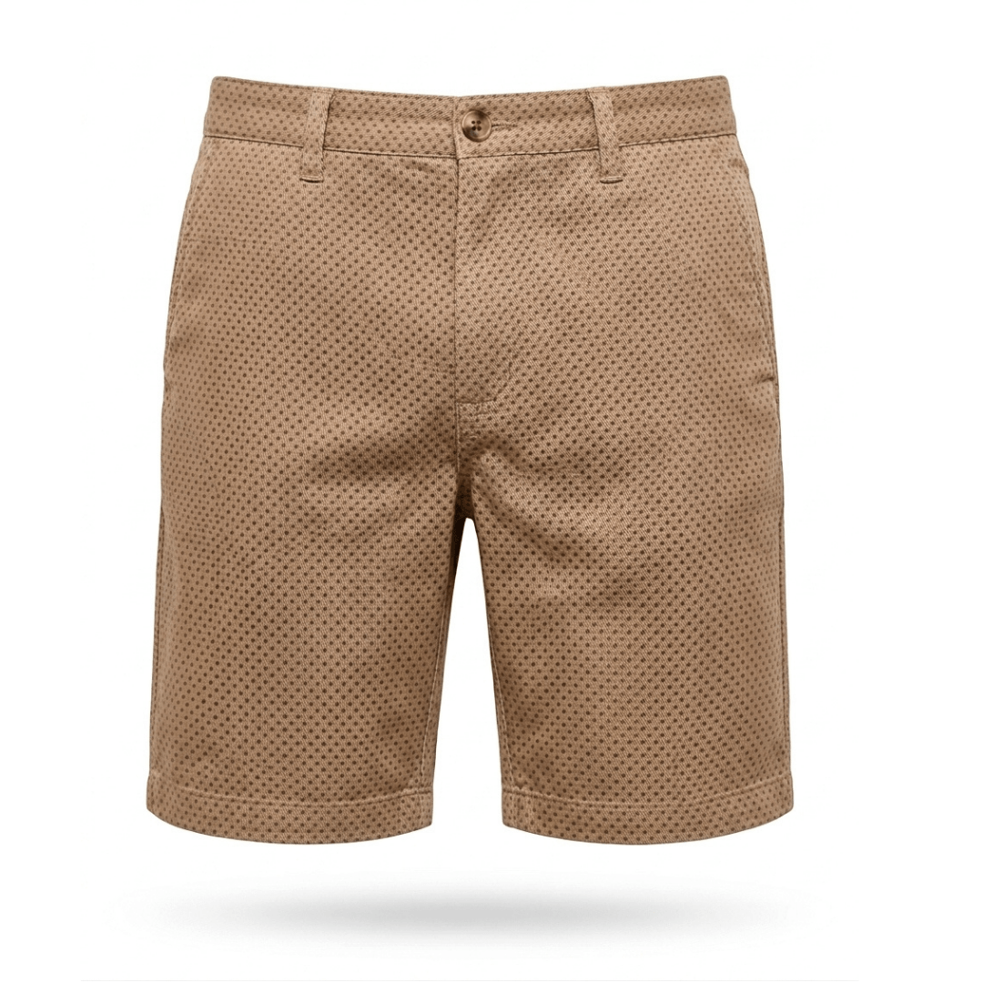 Le Short Printed Cotton Stretch Short in walnut with fine dot print, available at Stewart's Menswear Mullumbimby.