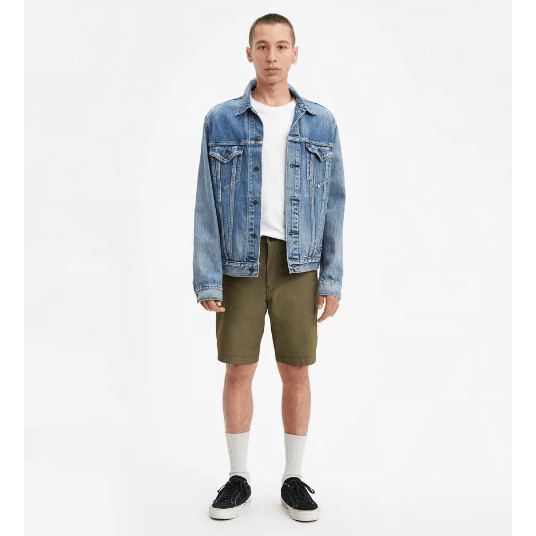 Stewarts Menswear Levi's XX Standard Chino short. Photo shows model wearing Levi's XX Standard Chino Short, Front View. Colour is Olive Night.