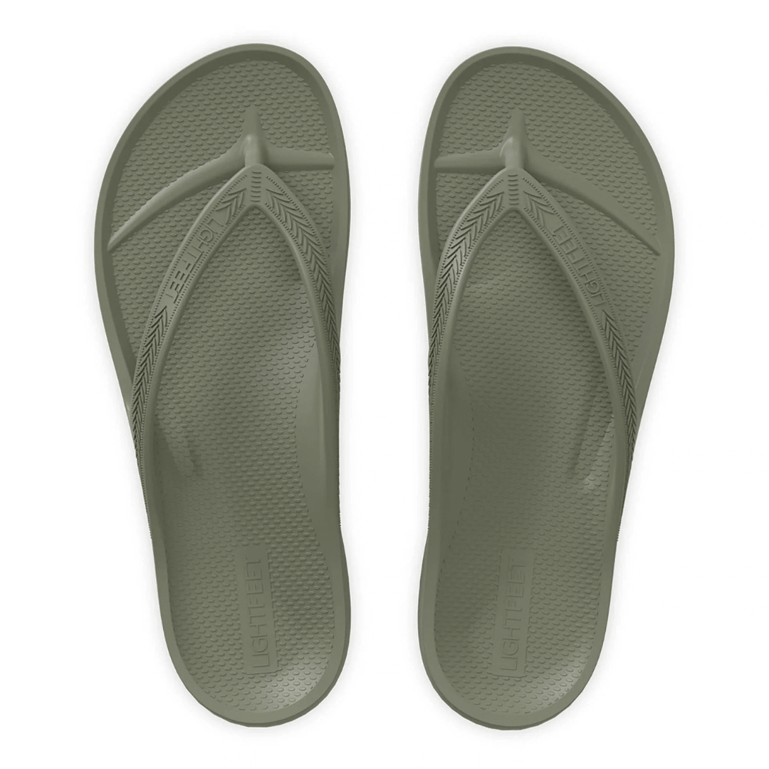 Lightfeet arch support thongs in khaki available from Stewarts Menswear in Mullumbimby
