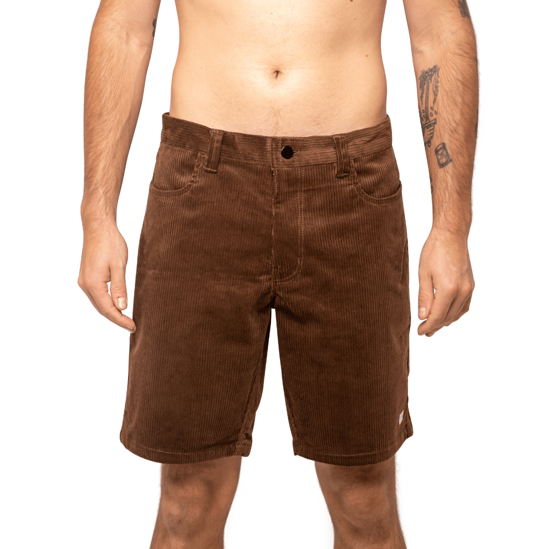 Stewarts Menswear Liive Apparel Falcon corduroy walkshort. Perfect for casual days, these shorts pair seamlessly with your favourite t-shirts, polos, or button-downs. Wear them with sneakers for a relaxed look or dress them up with loafers for a smart-casual occasion.  Colour is Chocolate. Front view.