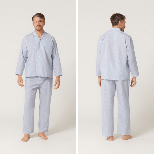 Lynx Men’s Long Pyjama Set available at Stewart’s Menswear Mullumbimby. Men’s poly-cotton long sleeve pyjamas with elastic waist pants. White background with small blue check pattern.