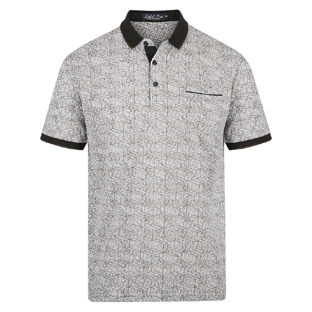 Stewarts Menswear Men's easy care polo shirt. All over brown tone geometric print with  dark collar, buttons & cuffs.