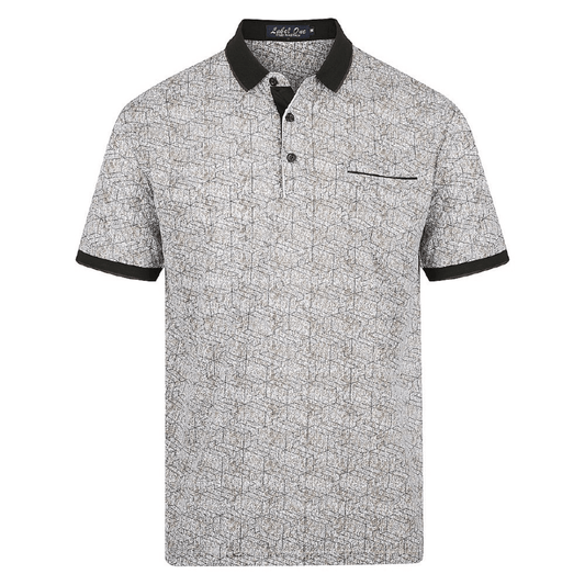 Stewarts Menswear Men's easy care polo shirt. All over brown tone geometric print with  dark collar, buttons & cuffs.