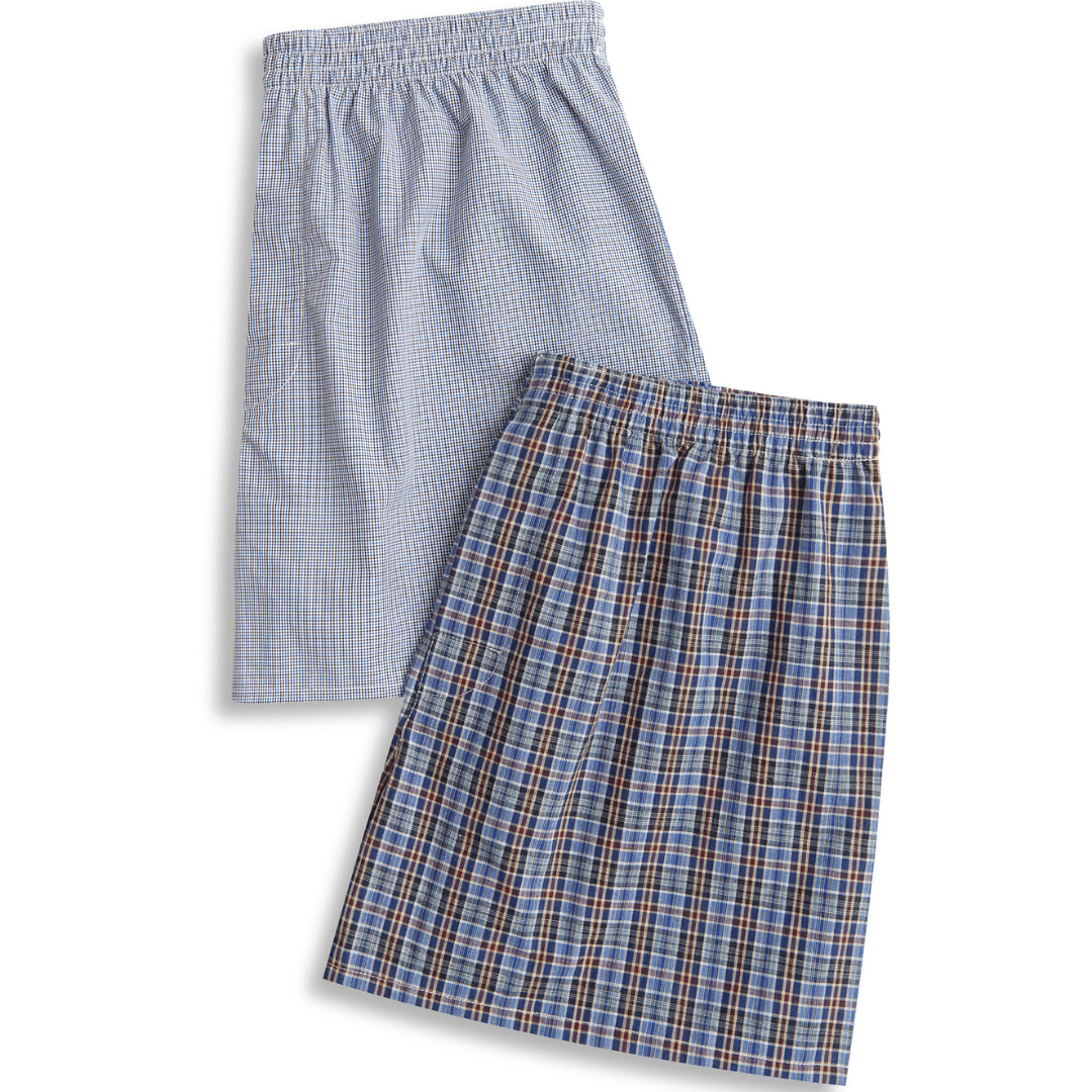 Stewarts Menswear Mens 100% cotton boxer shorts 2 pack. Colour is Territory Check. 2 pairs of men's cotton boxer shorts with fine check pattern. One predominately blue/grey, the other predominately blue/brown/red.