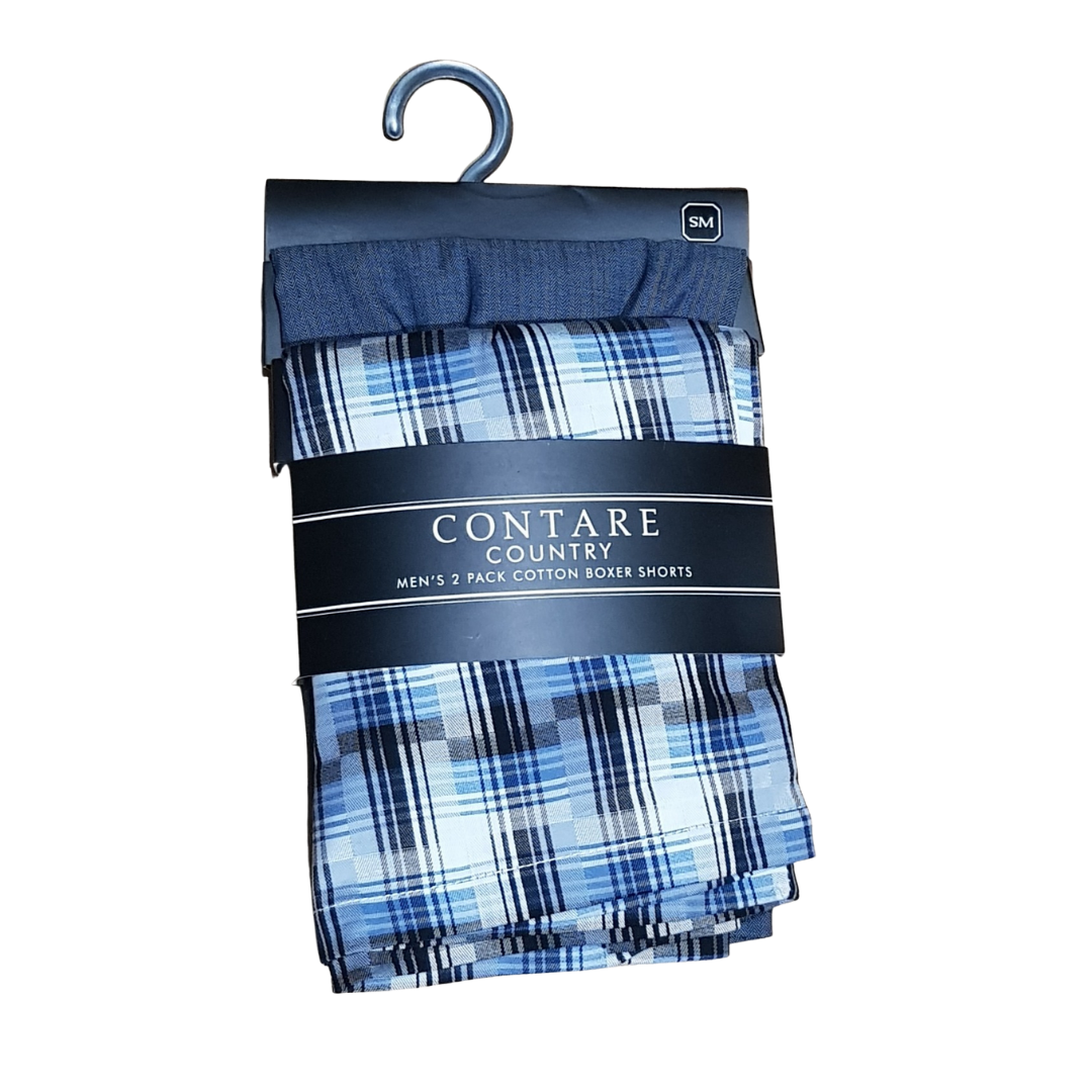Stewarts Menswear Mens 100% cotton boxer shorts 2 pack. Display photo of 2 pack cotton boxer shorts. Brand is Contare. Colour is one pair Grey and one pair white/blue check.