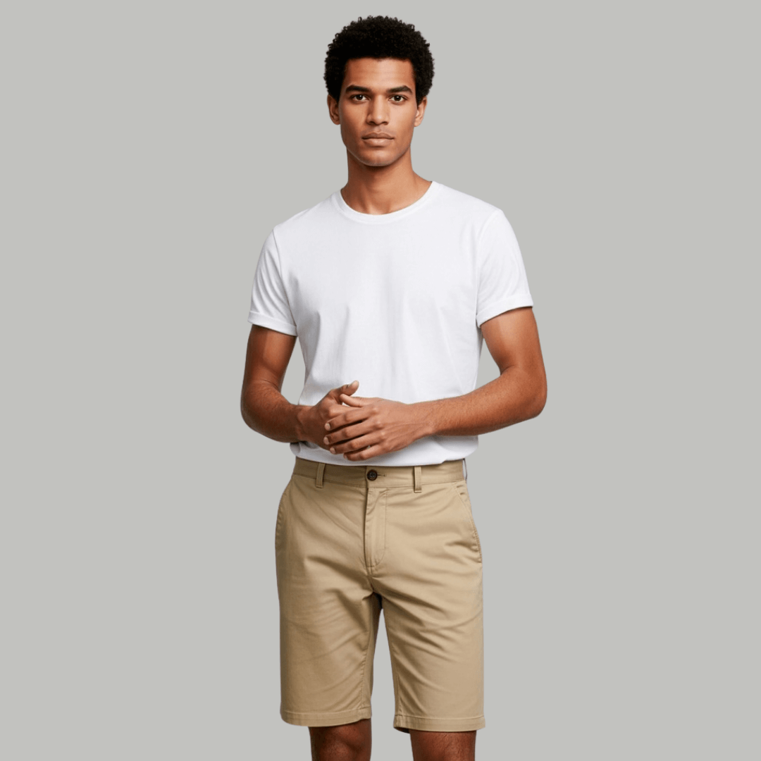 Model wearing Dark Stone coloured men's chino shorts available from Stewarts Menswear in Mullumbimby