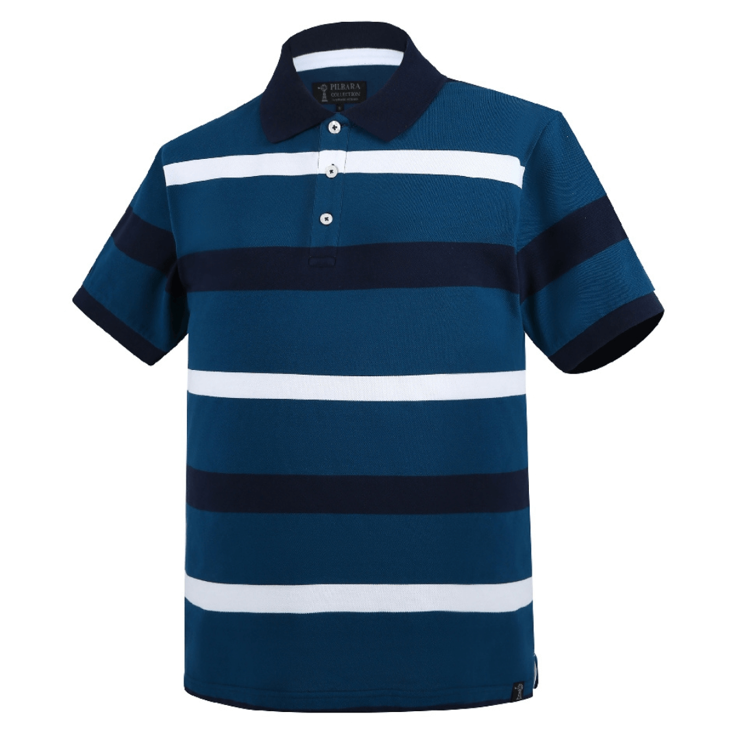 Stewarts Menswear Pilbara Collection Men's Classic Cotton polo shirt. Made from 100% Cotton Pique at 220gsm, this men's polo shirt is designed for comfort and is made to withstand the test of time. Colour is Teal with French Navy and White Stripes.
