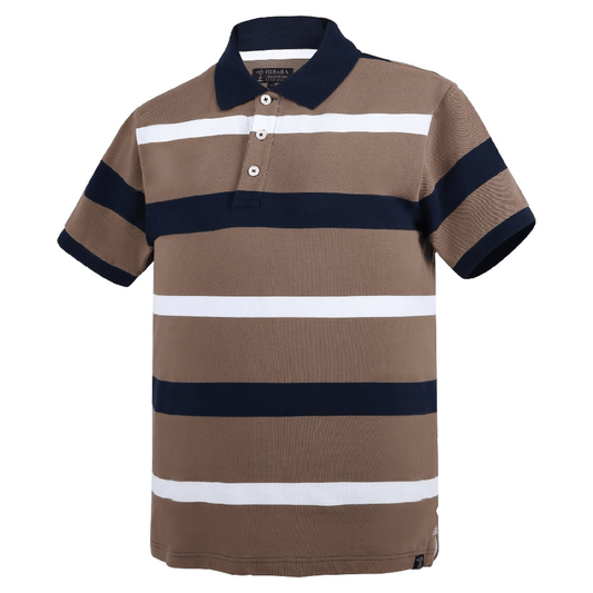 Stewarts Menswear Pilbara Collection Men's Classic Cotton polo shirt. Made from 100% Cotton Pique at 220gsm, this men's polo shirt is designed for comfort and is made to withstand the test of time. Colour is Wood with French Navy and White Stripes.