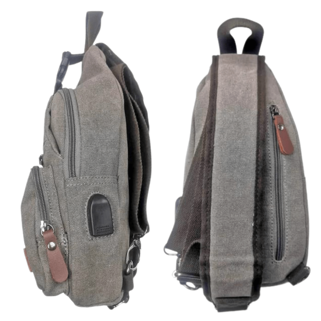 Stewarts Menswear men's gifts. Men's Republic Canvas single strap sling backpack. Colour is grey. Photo shows a view of each side of the backpack. One side has another zippered section. The other side features a USB charging port. Simply add your own battery pack.