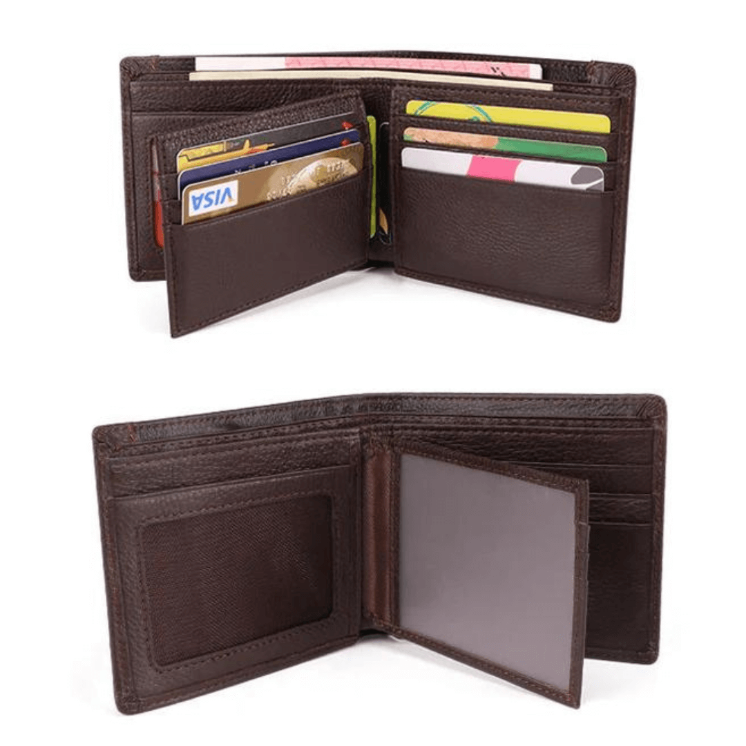 Stewarts Menswear men's gifts. Men's Leather wallet. Colour is Coffee. Photo shows open wallet with card spaces and clear window space.
