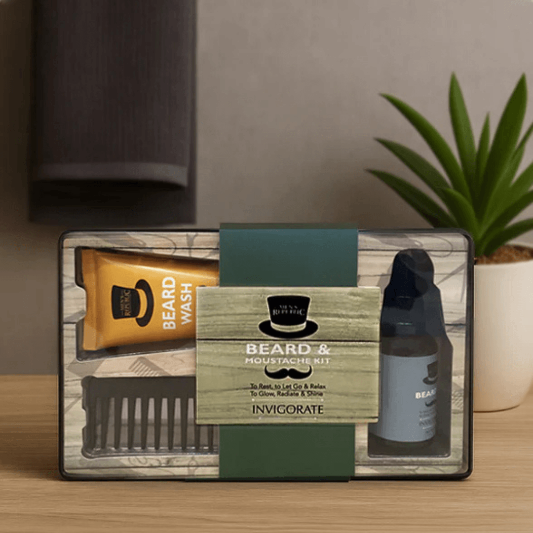 A photo of a gift boxed Beard & Moustache Kit placed on a bathrooom vanity