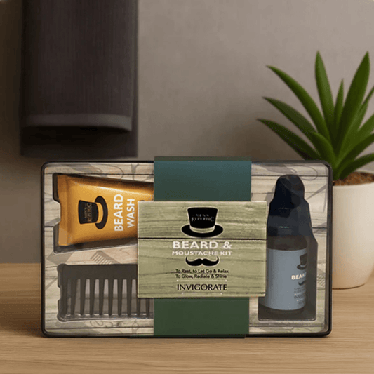 A photo of a gift boxed Beard & Moustache Kit placed on a bathrooom vanity