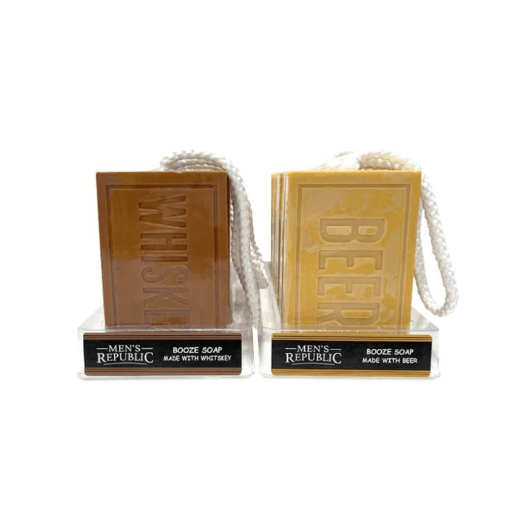 Stewarts-menswear-men's republic gifts for men. Men's republic booze soap on a rope. Each bar is infused with Malted Barley or Hops which adds a unique touch. An image of display case showing two types of soap: whisky or beer.
