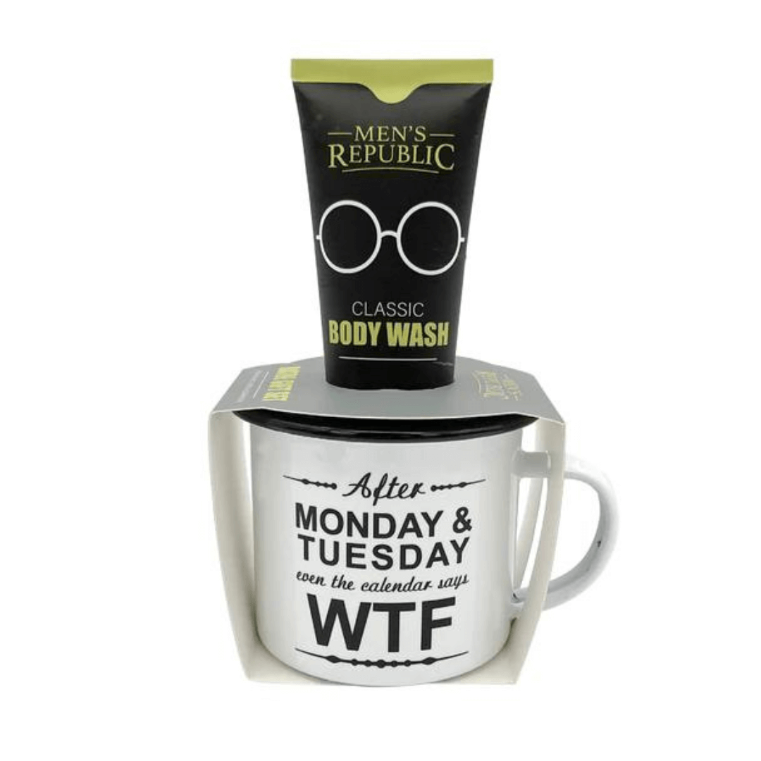 Stewarts Menswear Mens Republic Gifts for men. Mug with Body Wash. Enamel mug is white with witty comment: After Monday & Tuesday, even the calendar says WTF.
