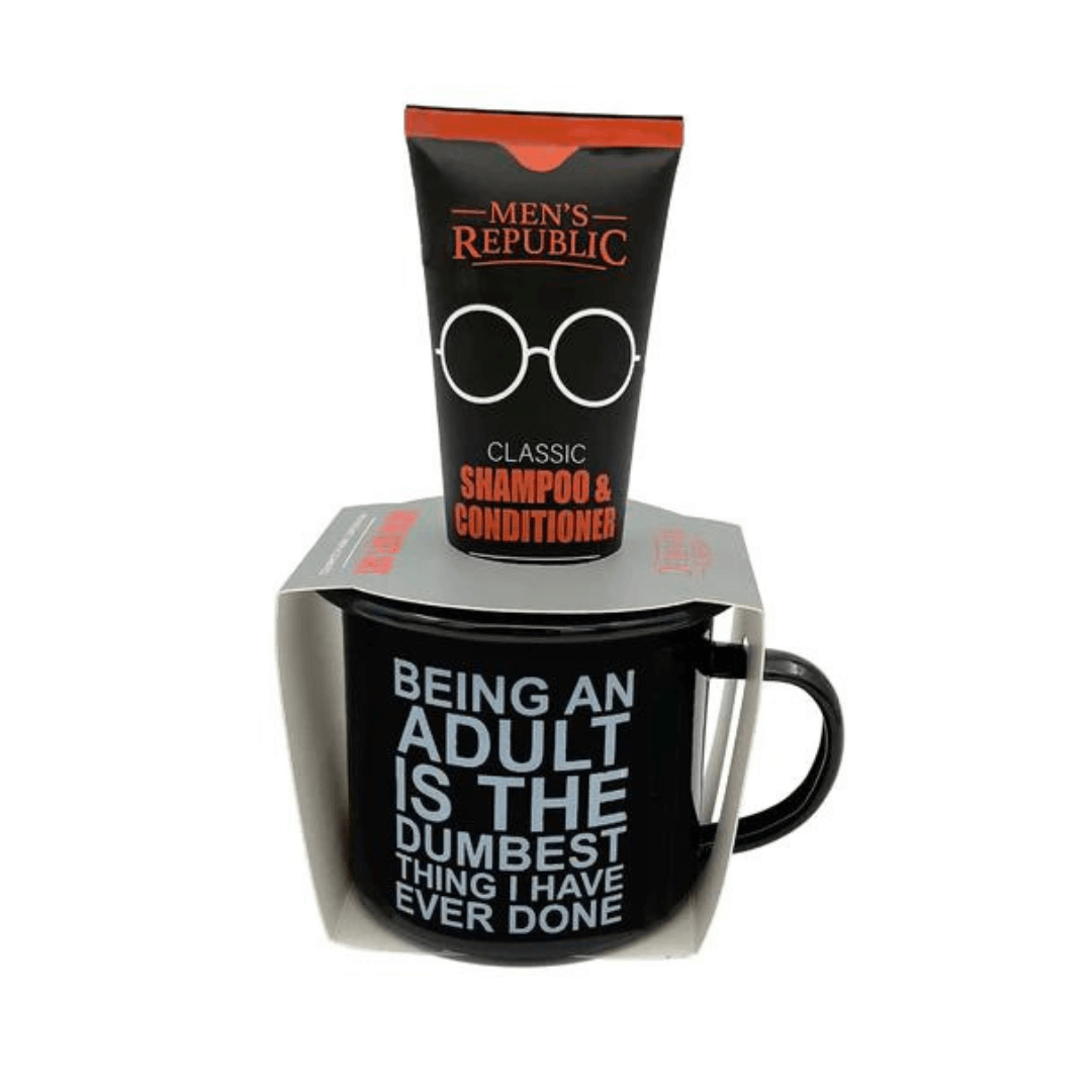 Stewart's Menswear men's republic gifts for men. Mug with Shampoo/conditioner. Enamel mug is black. Witty comment on mug: Being an Adult is the Dumbest thing I have ever done.