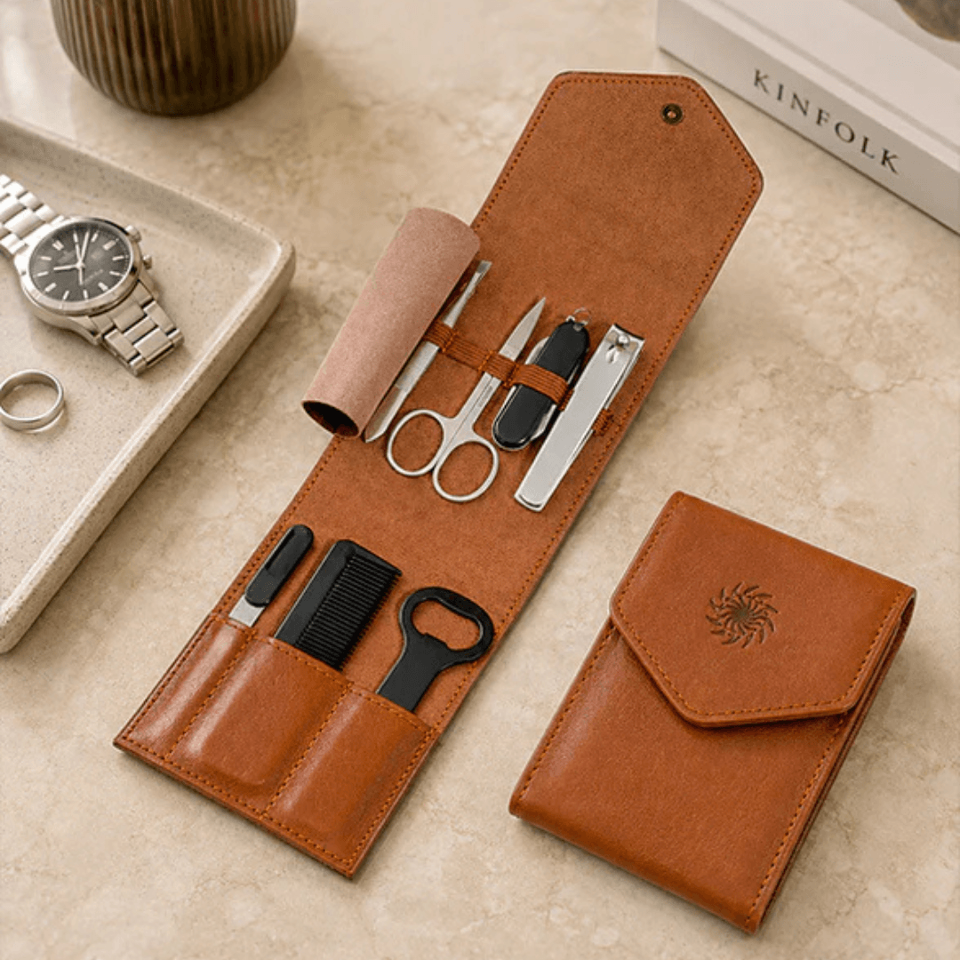 Men's Republic 7-piece grooming kit in tan faux leather travel case, shown open with tools and closed pouch beside it.