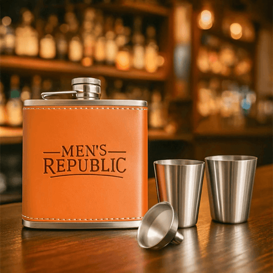 Men's Republic tan leatherette hip flask with stainless steel finish, two tot cups and funnel. Comes in presentation box.
