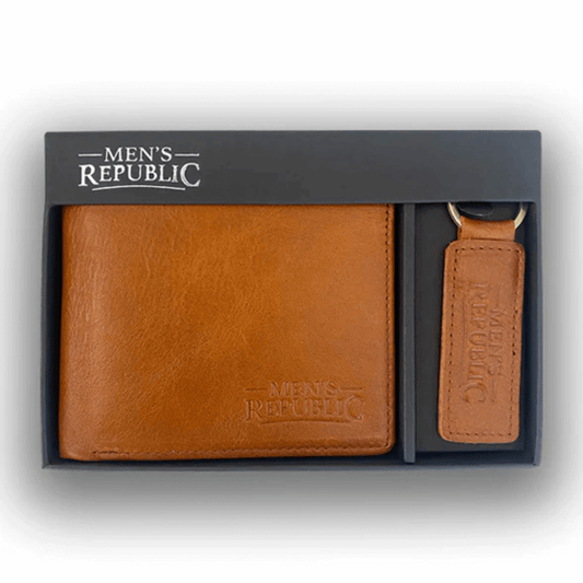 Stewarts Menswear Mens Republic Leather wallet and keyring boxed set. Colour is Tan. Photo shows Men's Republic leather wallet and keyring in gift box.