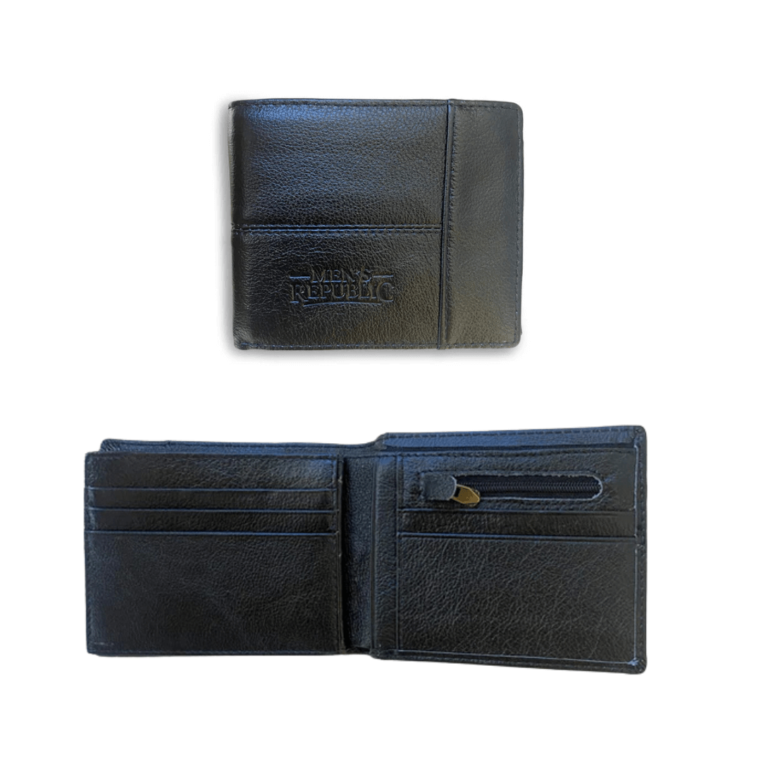 Stewarts Menswear Mens Republic leather wallet in gift box. Photo shows flat lay of Men's Republic leather wallet. Colour is black