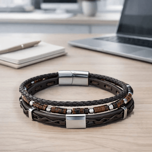 A multi-strand men's leather bracelet set on a light wood desk, featuring dark brown braided leather, a central brown wood bead strand, and polished silver-tone metal accents.
