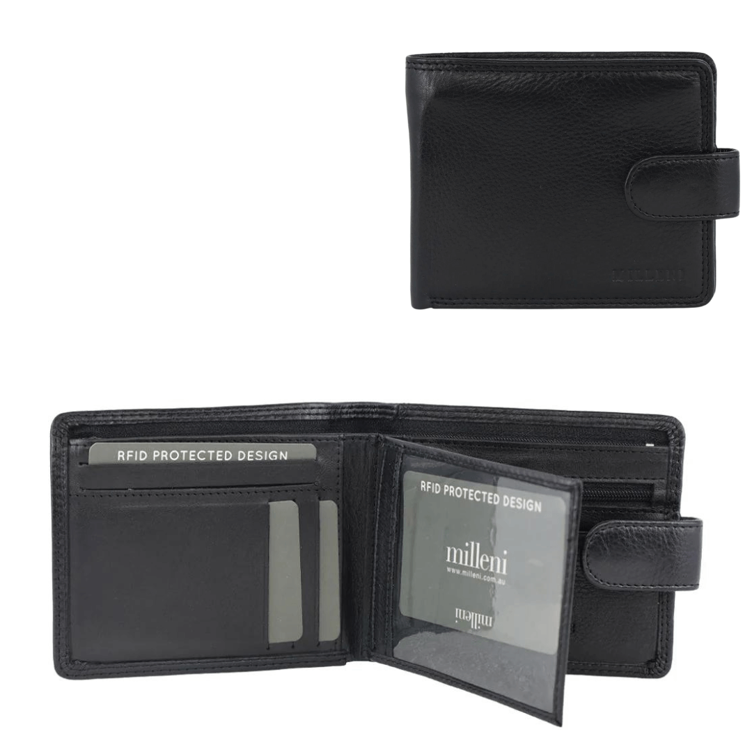 Stewarts Menswear Milleni Leather wallet. Milleni men's leather wallet made from soft genuine leather features: Cash and card compartments, ID window, Zipped notes section, Zip coin section, Side flap with card slots, RFID protected design. Colour is black.