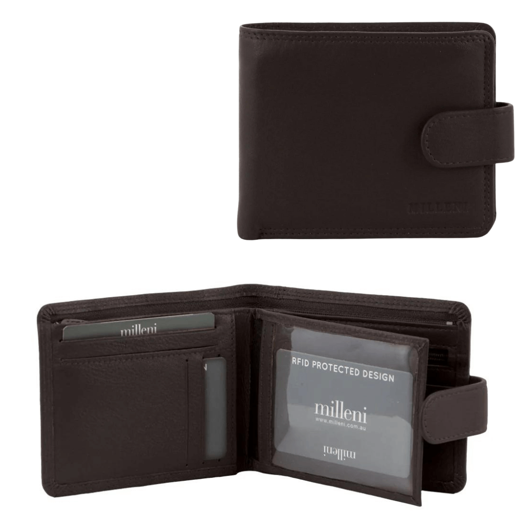 Stewarts Menswear Milleni Leather wallet. Milleni men's leather wallet made from soft genuine leather features: Cash and card compartments, ID window, Zipped notes section, Zip coin section, Side flap with card slots, RFID protected design. Colour is brown.