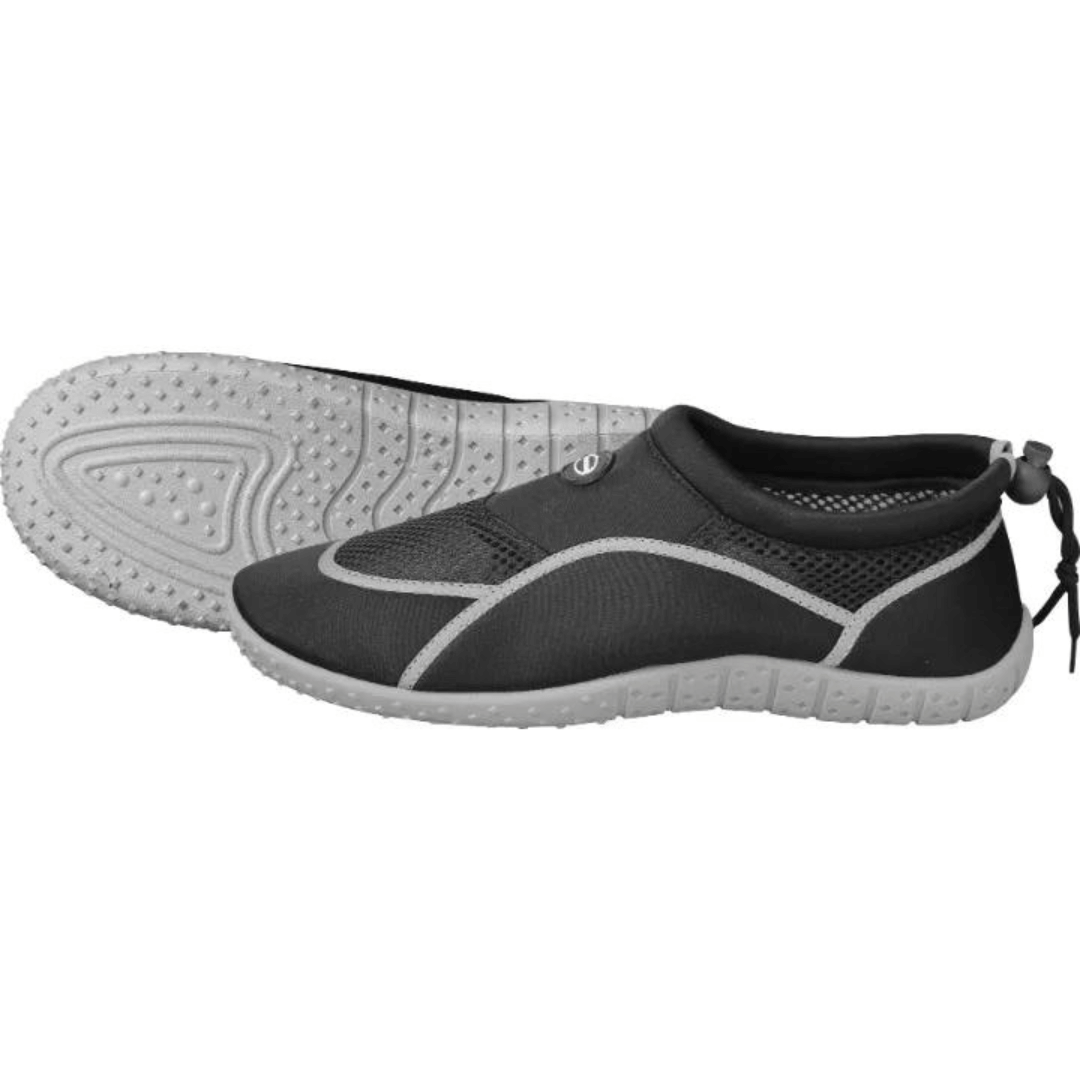 Stewarts Menswear Mirage aqua shoe, black. Mirage Aqua Shoes are made from durable material with drainage holes, these shoes remain comfortable when wet, and they dry quickly.  These easy fitting aqua shoes are the ideal shoes for adventures around the water,  perfect shoes for the explorer or the boatie with its hardwearing non marking sole and mesh upper for breathability and drainage. 