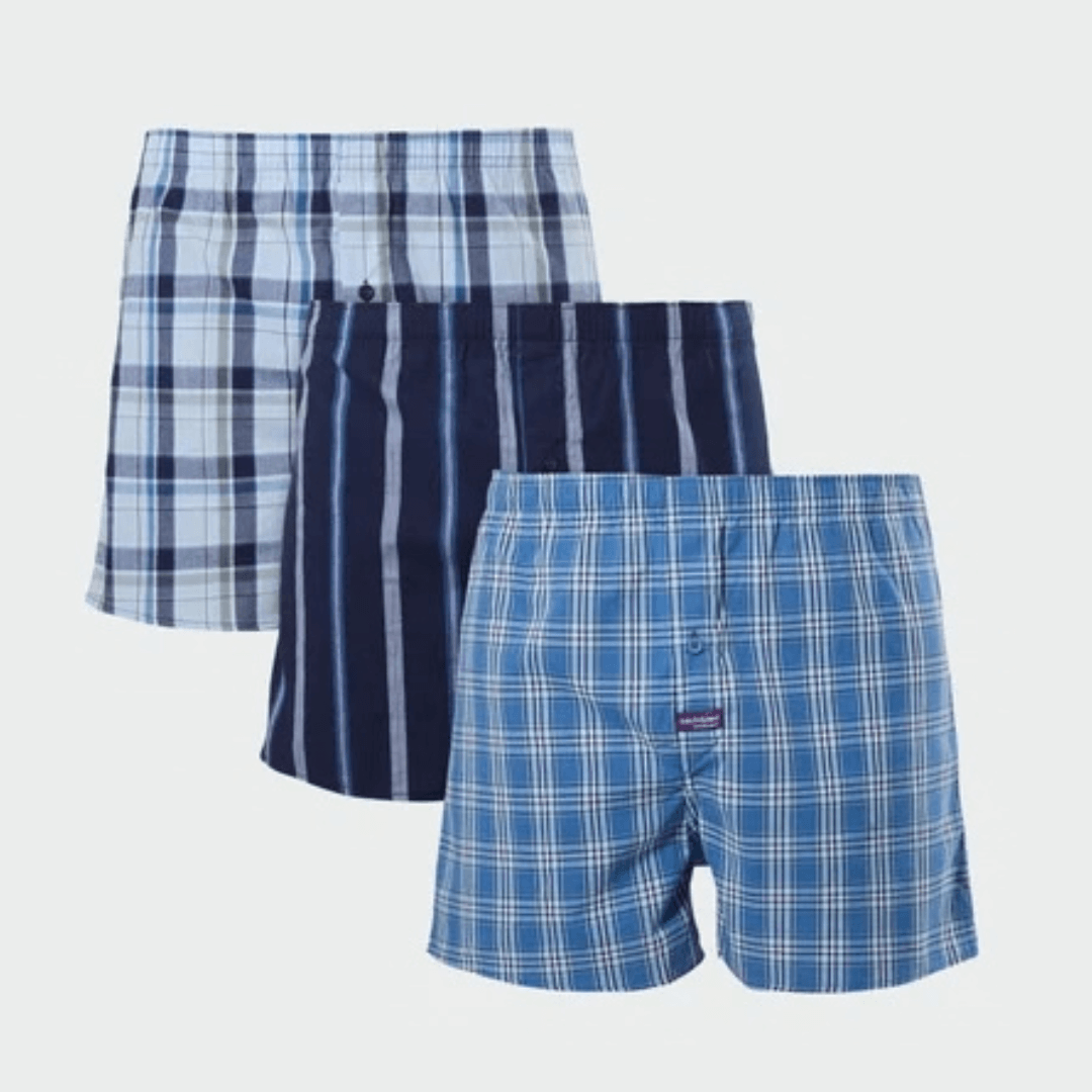 Mitch Dowd Men's Classic Cotton Boxer Shorts 3 pack in blue yarn-dyed cotton with an all over design, available at Stewart's Menswear Mullumbimby.