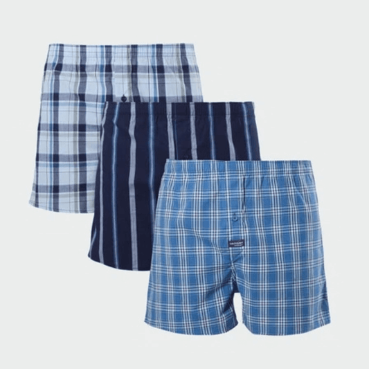Mitch Dowd Men's Classic Cotton Boxer Shorts 3 pack in blue yarn-dyed cotton with an all over design, available at Stewart's Menswear Mullumbimby.