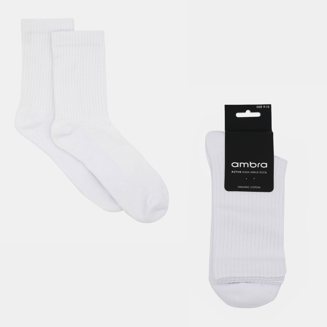 Stewarts Menswear Mullumbimby. Ambra men's active high ankle socks. Photo shows flat lay of Ambra men's active high ankle socks in packaging. Colour is White.