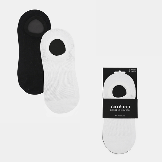 Stewarts Menswear, Mullumbimby. Ambra Men's bamboo no show socks 2 pack. Photo shows flat lay of Ambra bamboo no show socks in packaging. Each pack contains 1 x white pair and 1 x black pair.