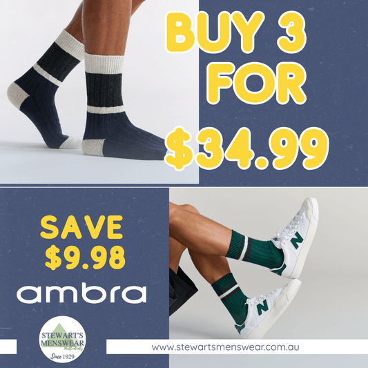 Ambra Organic Cotton socks available from stewart's Menswear in Mullumbimby. Buy 3 for $34.99 (Save $9.98)