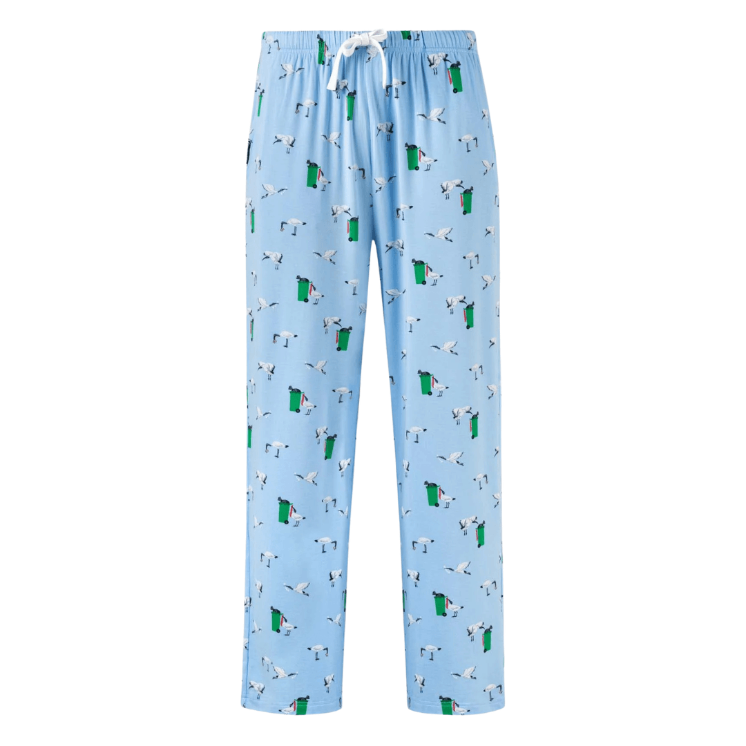 Bamboozld men's bamboo sleep pants. Sky blue colour with bin chicken print all over available at Stewart's Menswear, Mullumbimby.