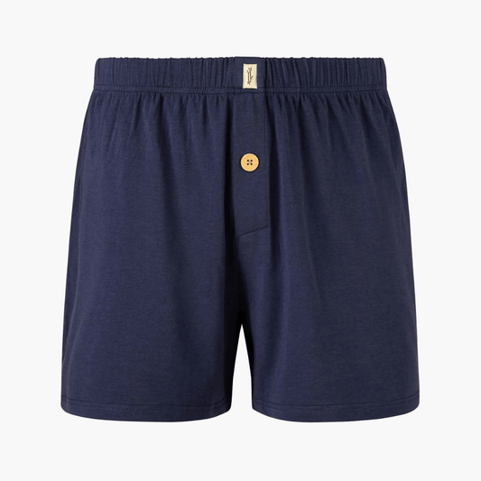 Front view of men’s Bamboo Jersey Boxer Short in navy by Bamboozld available at Stewart’s Menswear Mullumbimby.