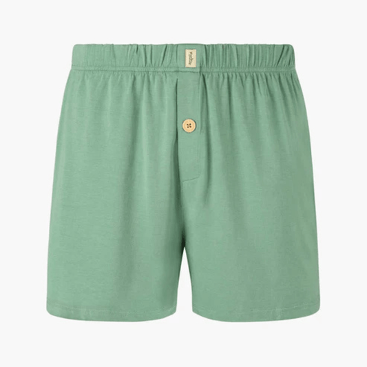Front view of Bamboozld men's bamboo jersey boxer short in sage available from Stewart's Menswear in Mullumbimby.