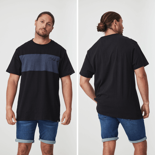 Stewarts Menswear, Mullumbimby. Blackwood Apparel Prince T-shirt. Photo shows front and back view of model wearing Blackwood Apparel Prince Tee. Black Tee with wide khaki stripe across front chest.