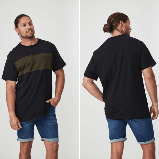 Stewarts Menswear, Mullumbimby. Blackwood Apparel Prince T-shirt. Photo shows front and back view of model wearing Blackwood Apparel Prince Tee. Black Tee with wide khaki stripe across front chest.