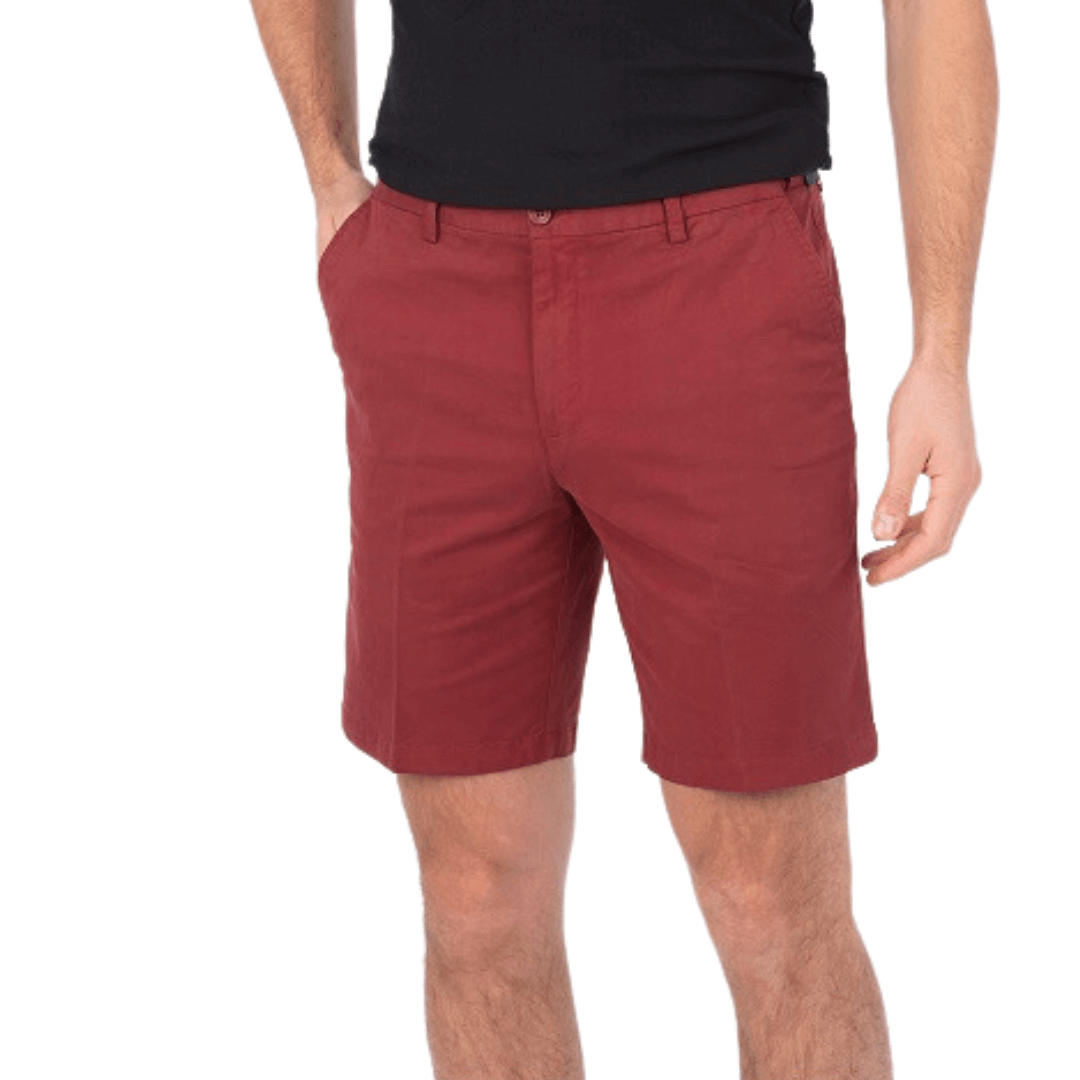Stewarts Menswear Mullumbimby. Bob Speers active waist classic walk short. The Men's Active Waist Classic Walk Shorts are perfect for those who value style, comfort and functionality. A versatile short suitable for smart casual occasions, outdoor adventures or relaxing on the weekend. Colour is Red Brick, photo of model wearing shorts showing front view.