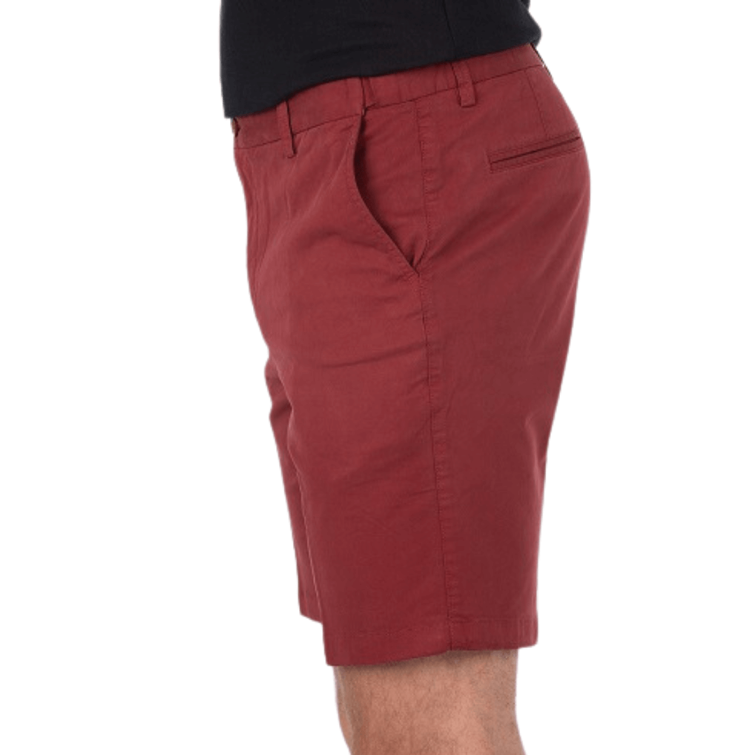 Stewarts Menswear Mullumbimby. Bob Speers active waist classic walk short. The Men's Active Waist Classic Walk Shorts are perfect for those who value style, comfort and functionality. A versatile short suitable for smart casual occasions, outdoor adventures or relaxing on the weekend. Colour is Red Brick, photo of model wearing shorts, side view