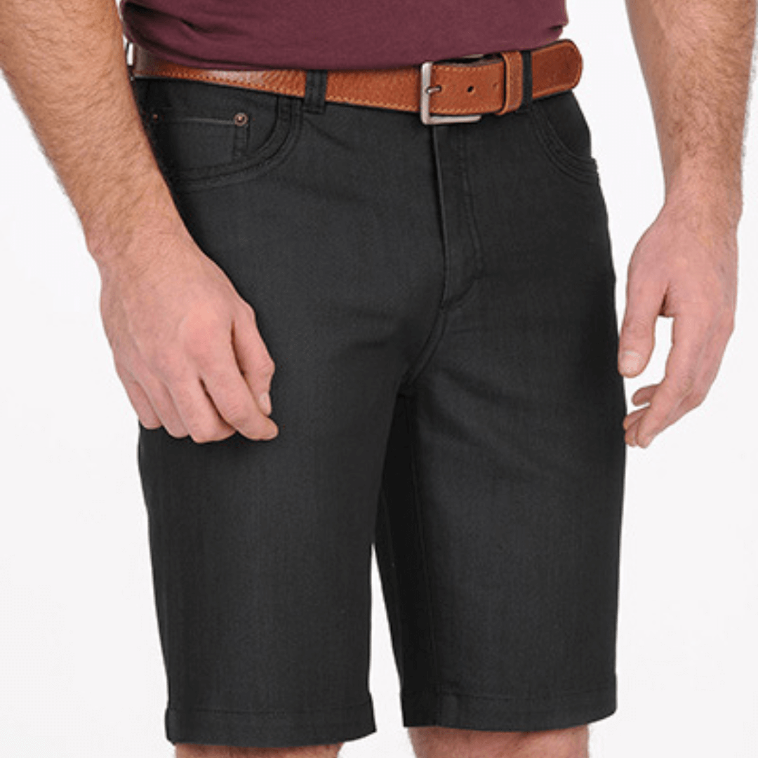 Stewarts Menswear Mullumbimby Bob Spears denim short. Colour is Charcoal. Photo shows model wearing Bob Spears Denim shorts.