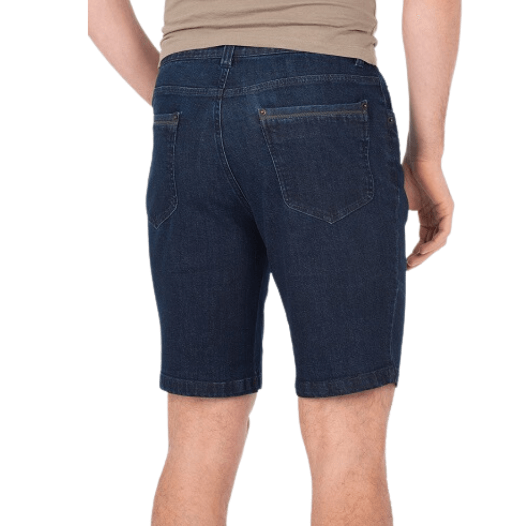 Stewarts Menswear Mullumbimby Bob Spears denim short. Colour is dark blue whisper. Photo shows model wearing Bob Spears Denim shorts, Back View.