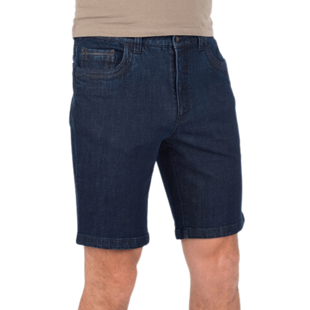 Stewarts Menswear Mullumbimby Bob Spears denim short. Colour is dark blue whisper. Photo shows model wearing Bob Spears Denim shorts. Front View