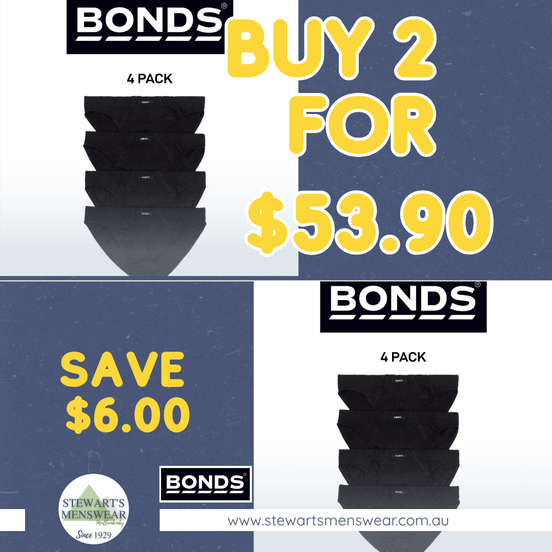 Bonds Action brief 4 pack available from Stewart's Menswear in Mullumbimby. Buy 2 for $53.90 (Save $6.00)