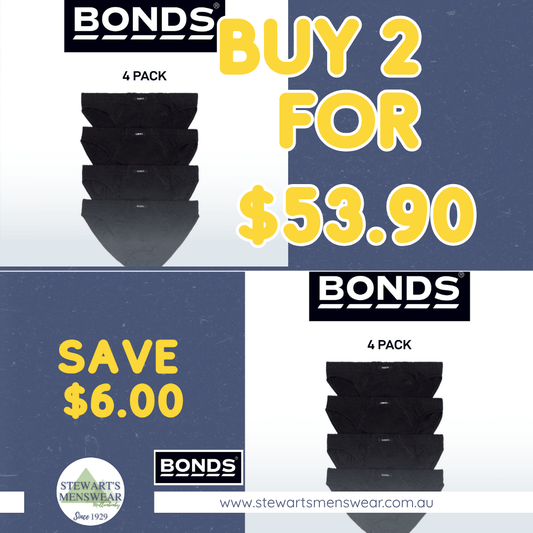 Bonds Action brief 4 pack available from Stewart's Menswear in Mullumbimby. Buy 2 for $53.90 (Save $6.00)