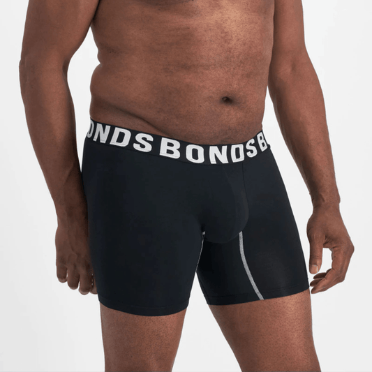Bonds Chafe Off Trunk, men's cooling bamboo trunks with an anti-chafe inner thigh panel, available at Stewart's Menswear Mullumbimby